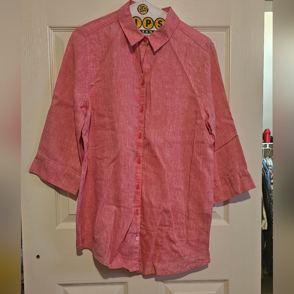 Chico's Faded Red/Pink Button-Up Linen Shirt 3/4 Sleeves Sz M